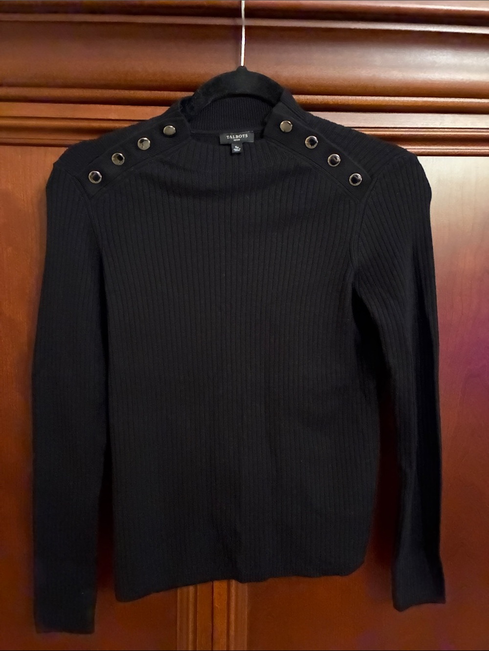 Talbots Womens Black Ribbed Crewneck Sweater with Shoulder Eyelet Detail